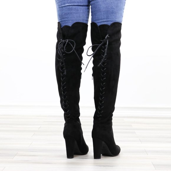 Black Over The Knee Heeled Boots Thigh High Suede With Lace Up Back - Picture 9 of 14